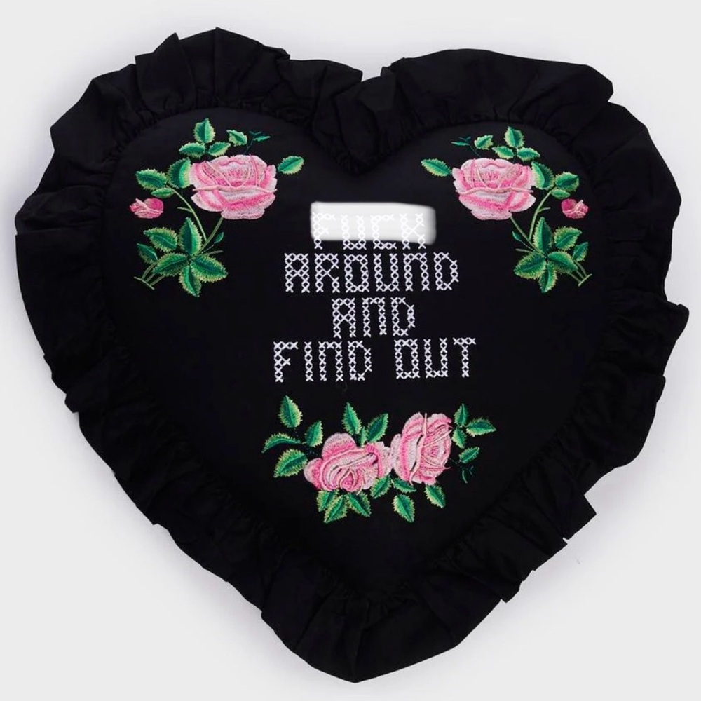 nwt dolls kill home “f*ck around + find out” warm welcome heart pillow sold out!